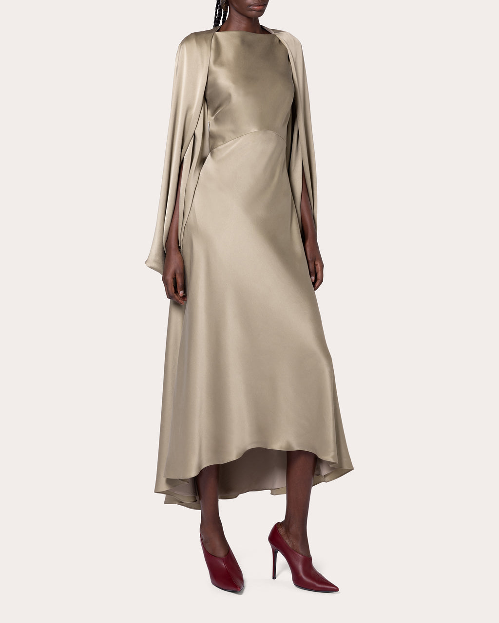 Koda Silk Satin Cape-Sleeve Midi Dress