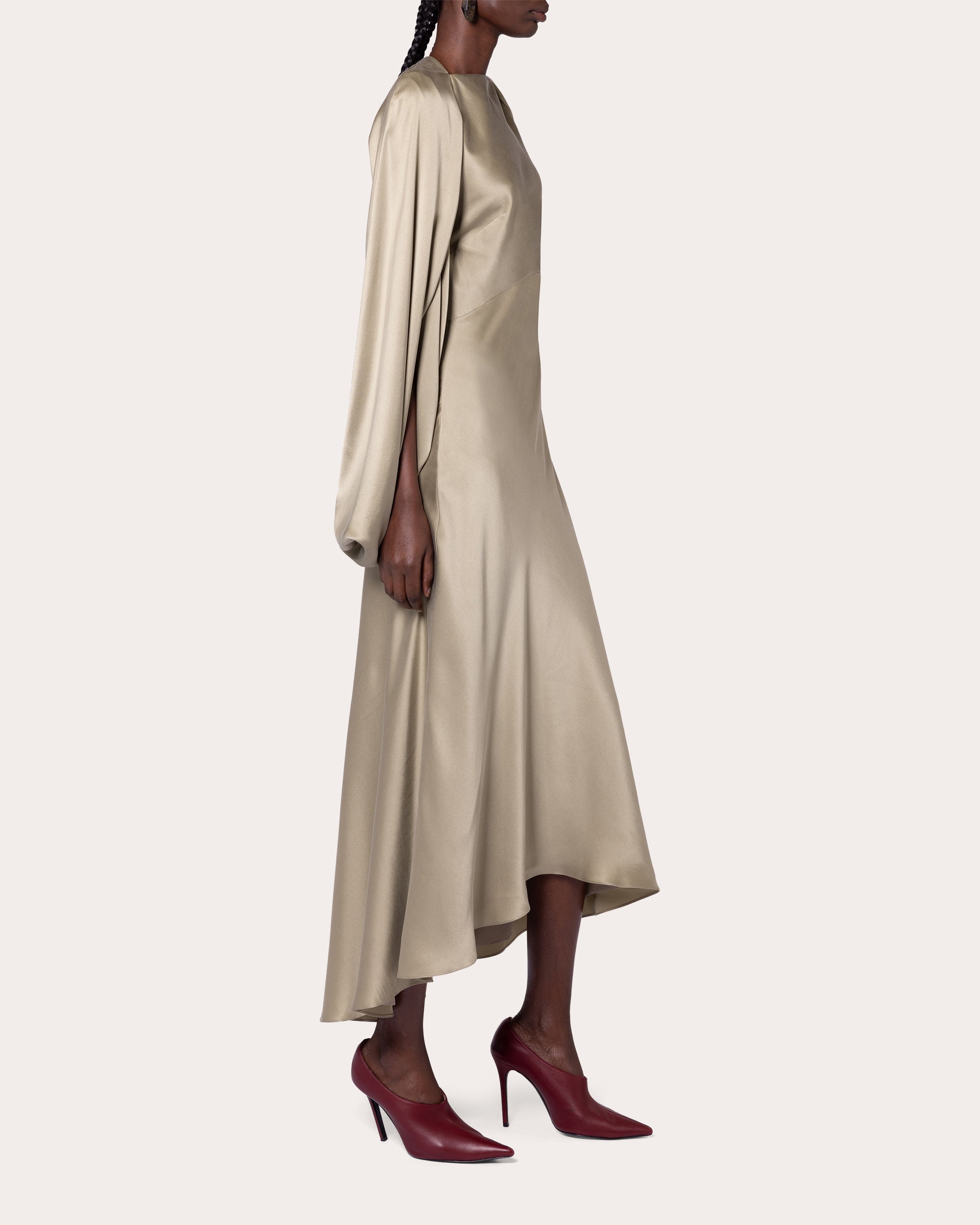 Koda Silk Satin Cape-Sleeve Midi Dress