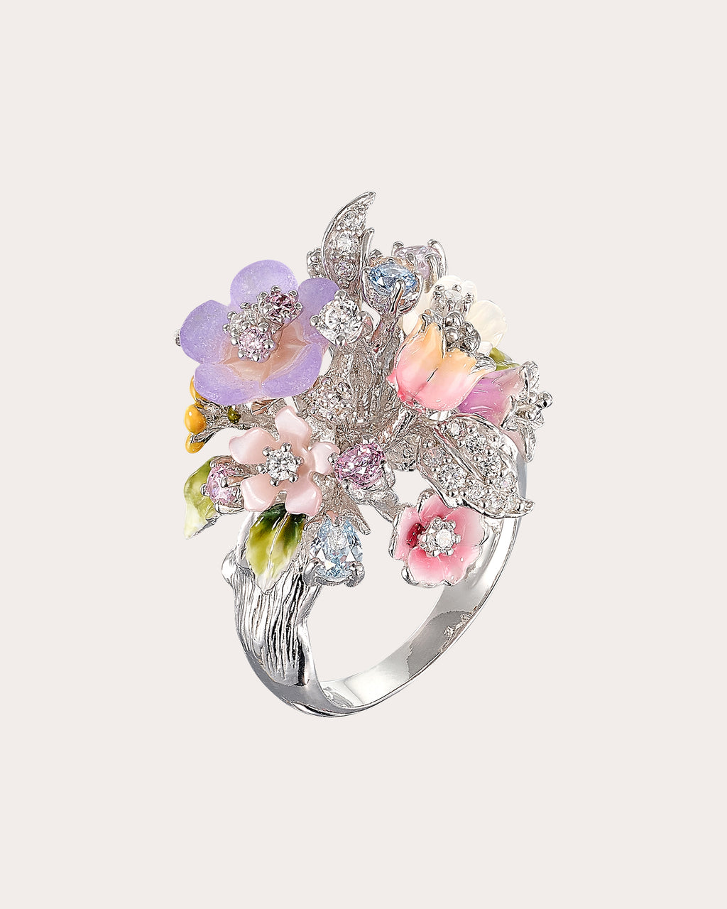 Diamond & Mother of Pearl Lavender Primrose Bouquet Ring