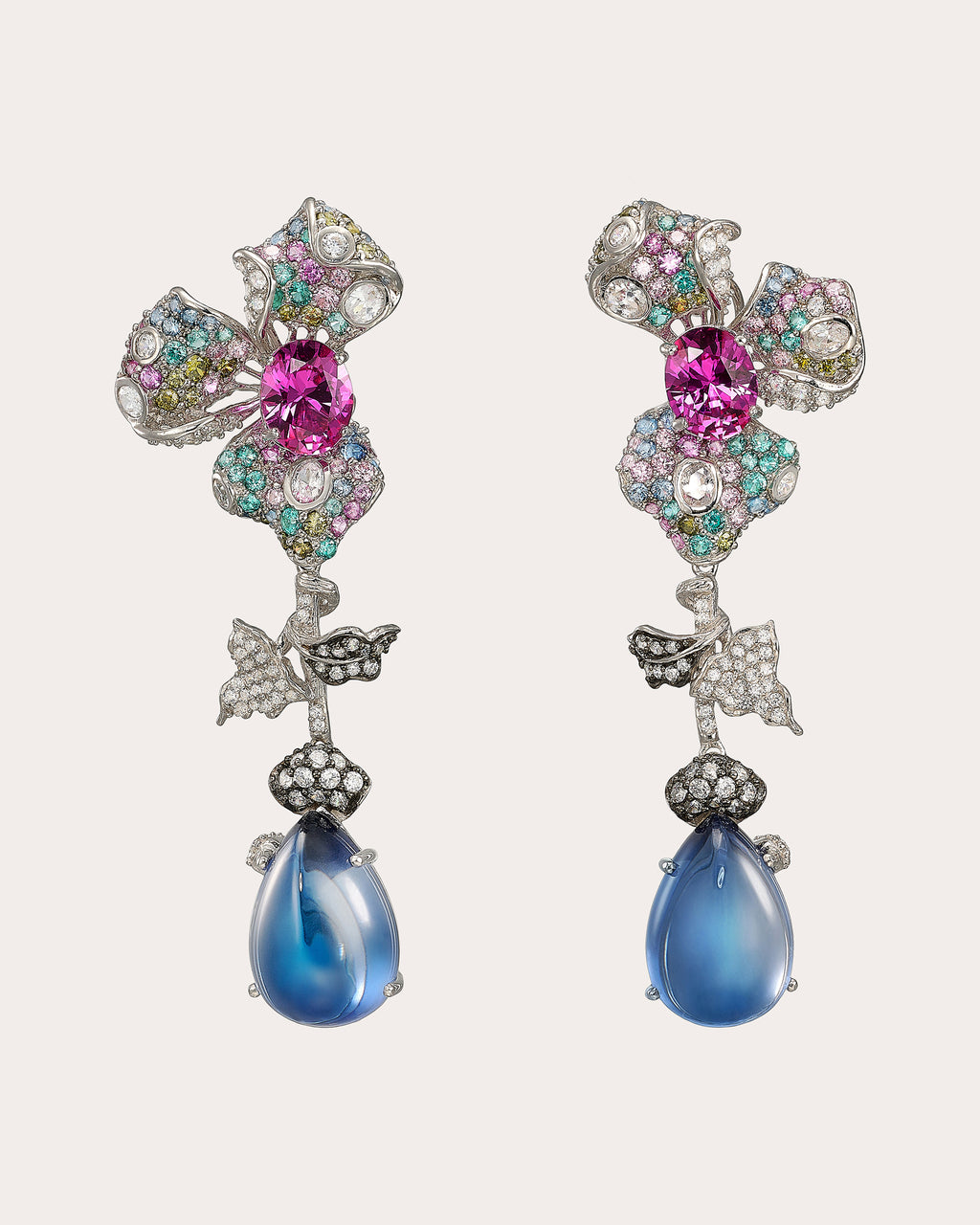 Diamond & Gemstone Magenta Orchid Drop Earrings