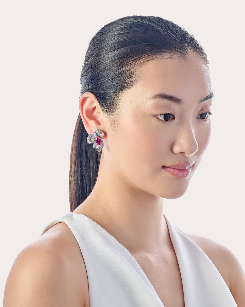 Diamond & Gemstone Magenta Orchid Drop Earrings