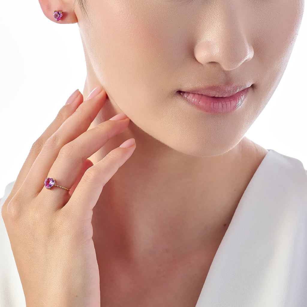Pink Sapphire & 9k Gold Mini Heart Stud Earrings