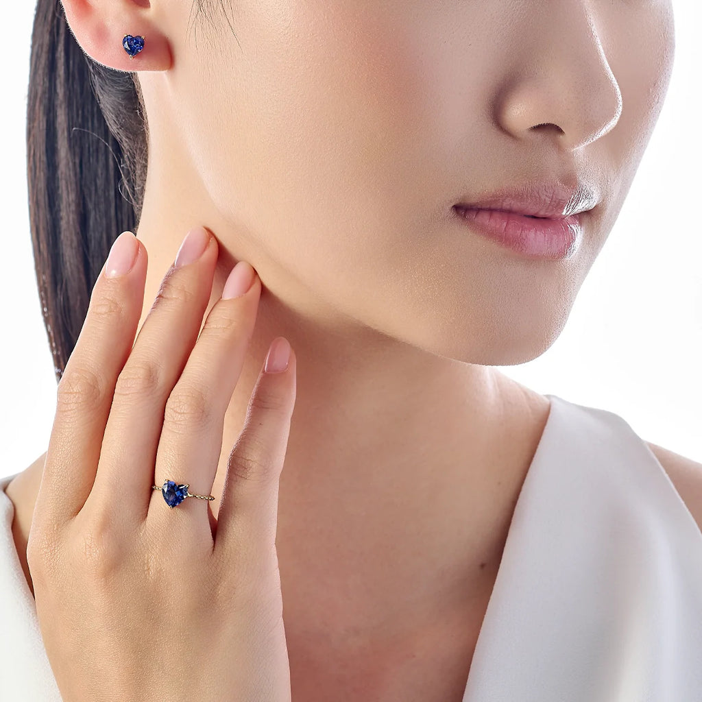 Royal Blue Sapphire Mini Heart Stud Earrings