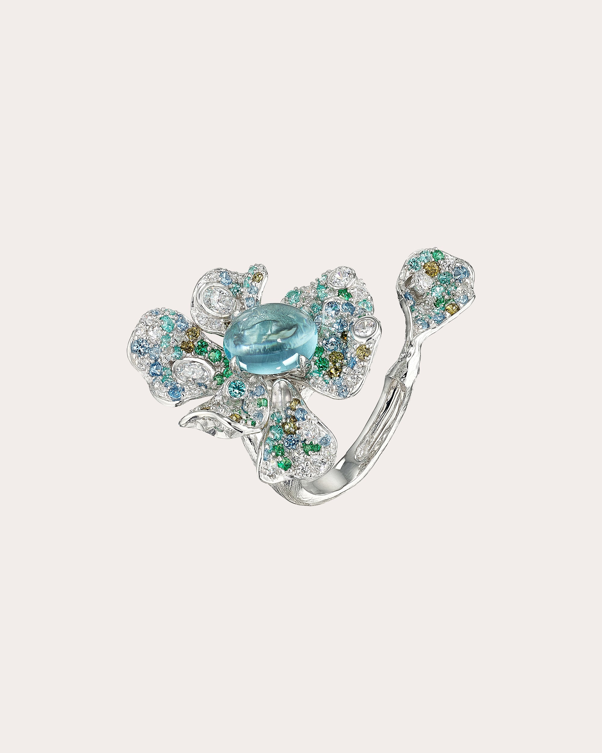 Diamond & Aquamarine Cabochon Peony Ring