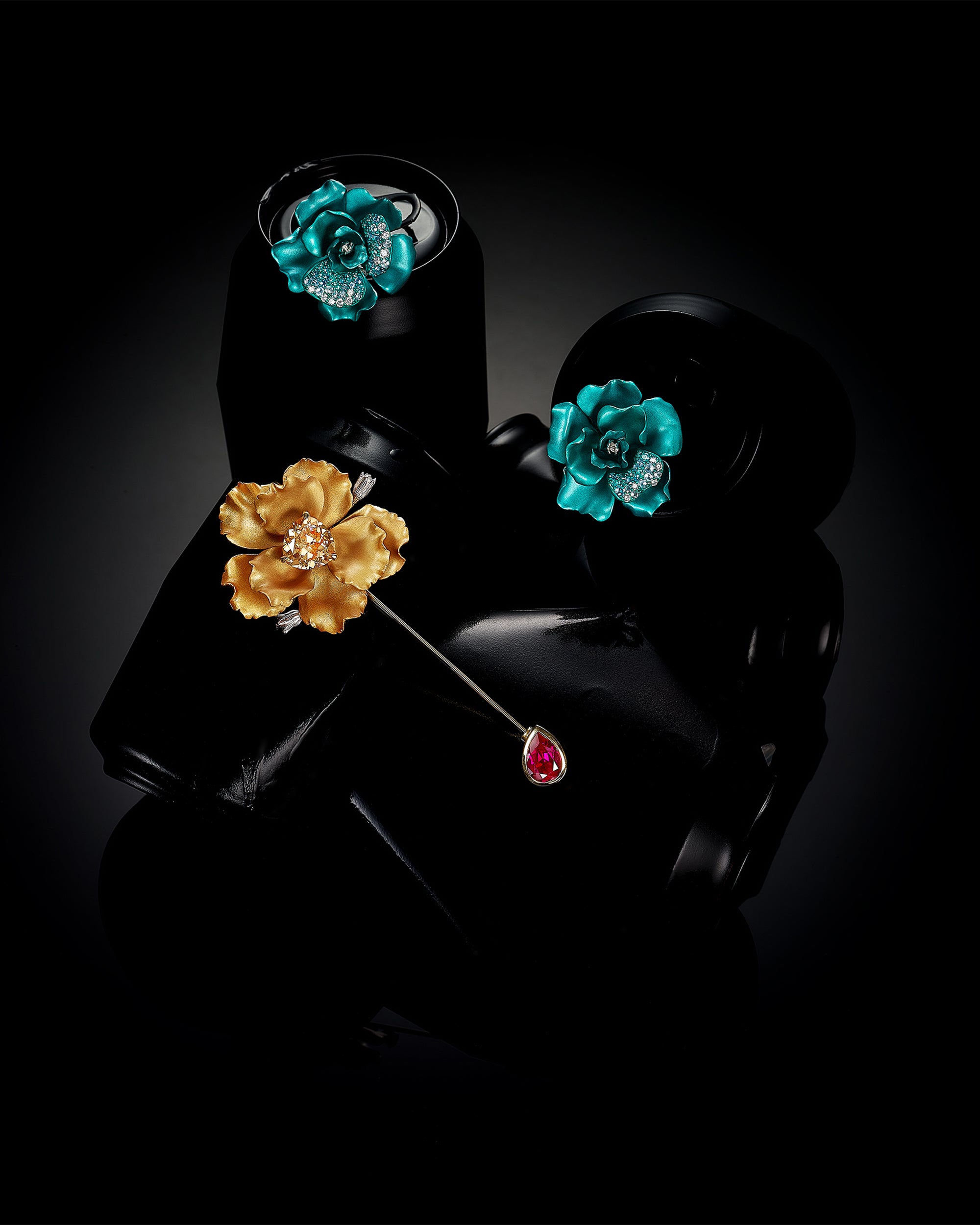 Diamond & Blue Spinel Aqua Camelia Stud Earrings 