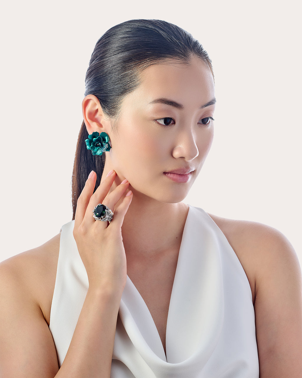 Diamond & Blue Spinel Aqua Camelia Stud Earrings 