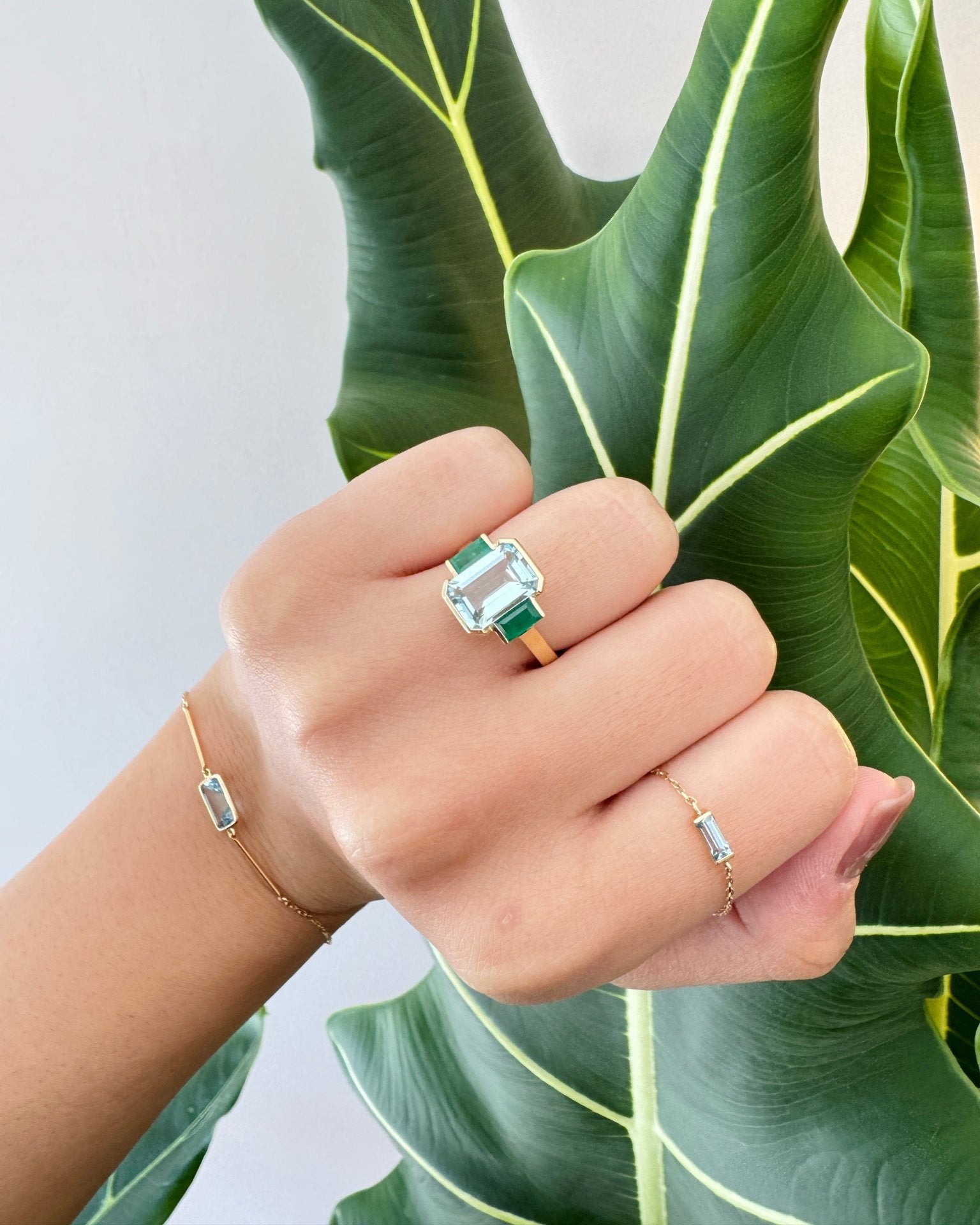 Aquamarine & Emerald Deco Spring Ring