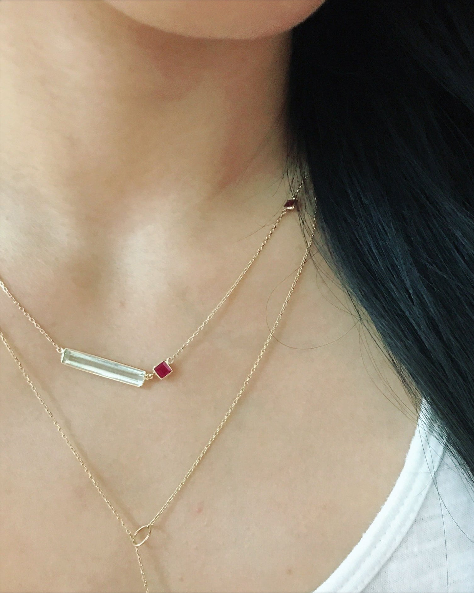Aquamarine & Ruby Bar Pendant Necklace