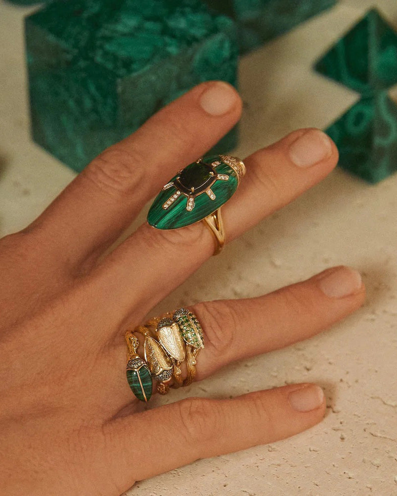 Malachite & Brown Diamond 18k Gold Scarab Ring