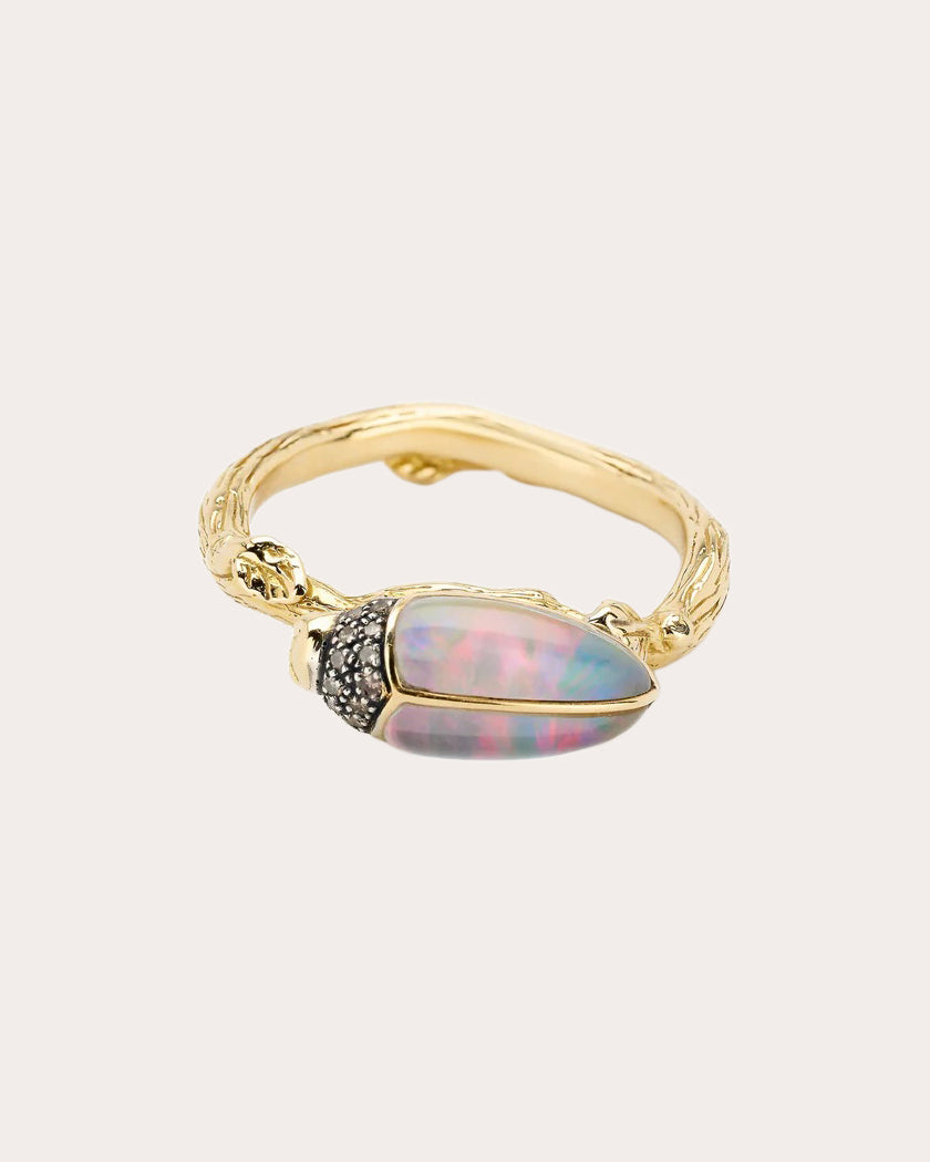 Opal & Brown Diamond 18k Gold Scarab Ring