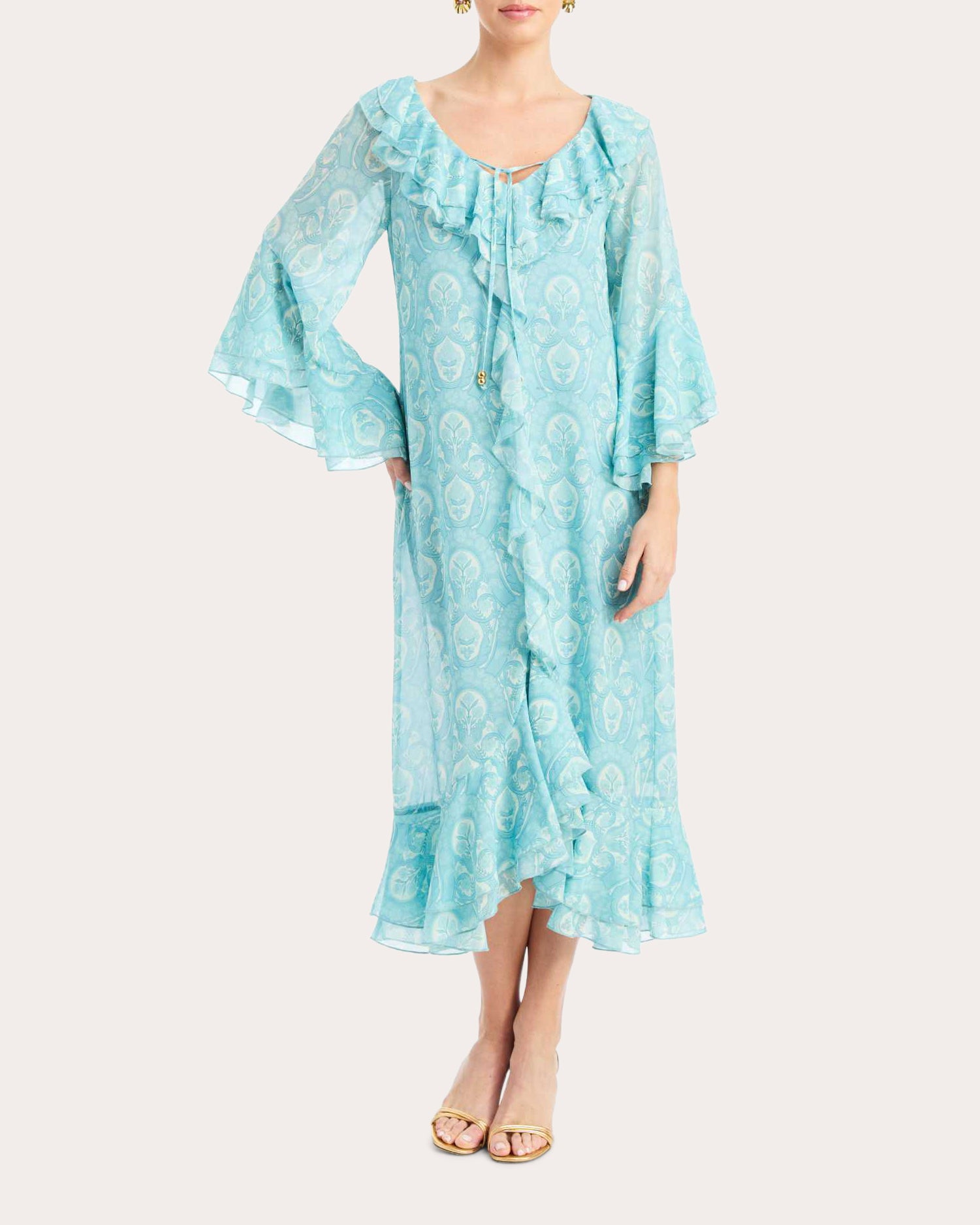 Bimini Trellis Chiffon Ruffle Kaftan Midi Dress