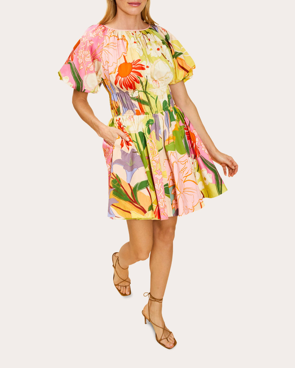 Breakfast Floral Poplin Shirred Mini Dress