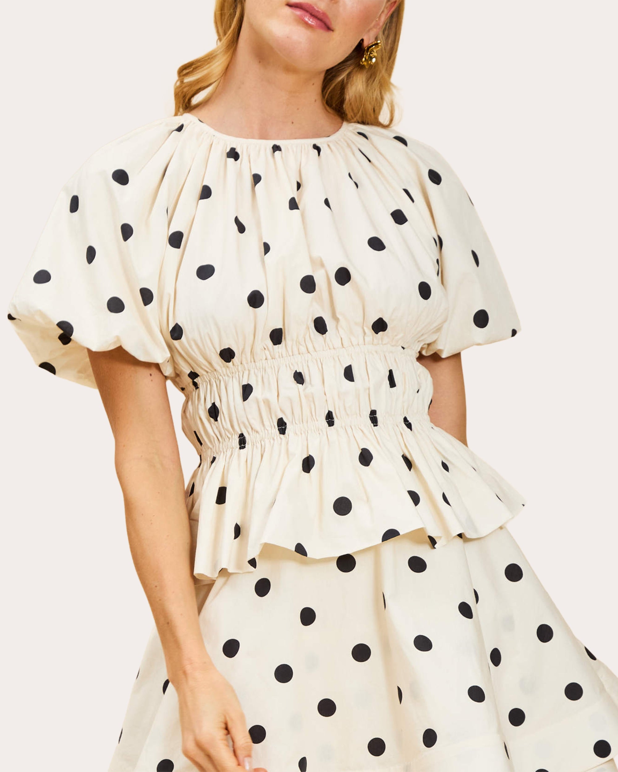Breakfast Polka Dot Poplin Shirred Peplum Top