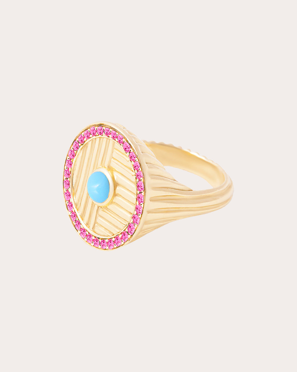 Pink Sapphire & Turquoise Found Ribbed Ring