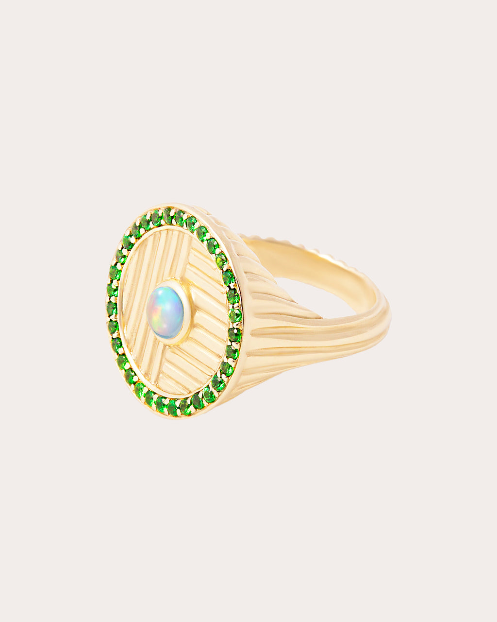 Opal & Tsavorite 14k Gold Found Ribbed Ring