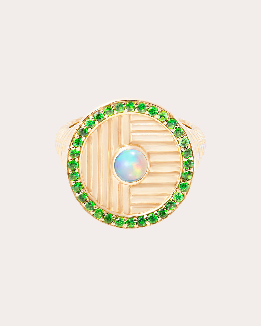 Opal & Tsavorite 14k Gold Found Ribbed Ring