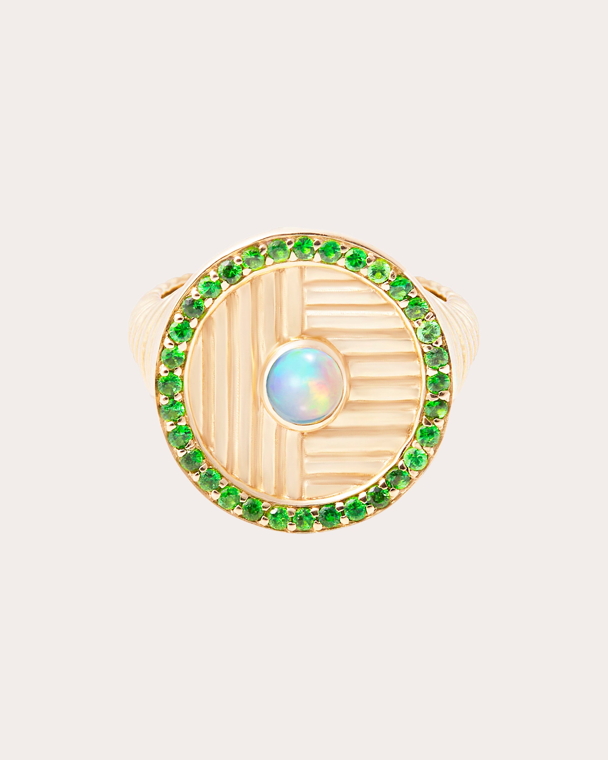 Opal & Tsavorite 14k Gold Found Ribbed Ring
