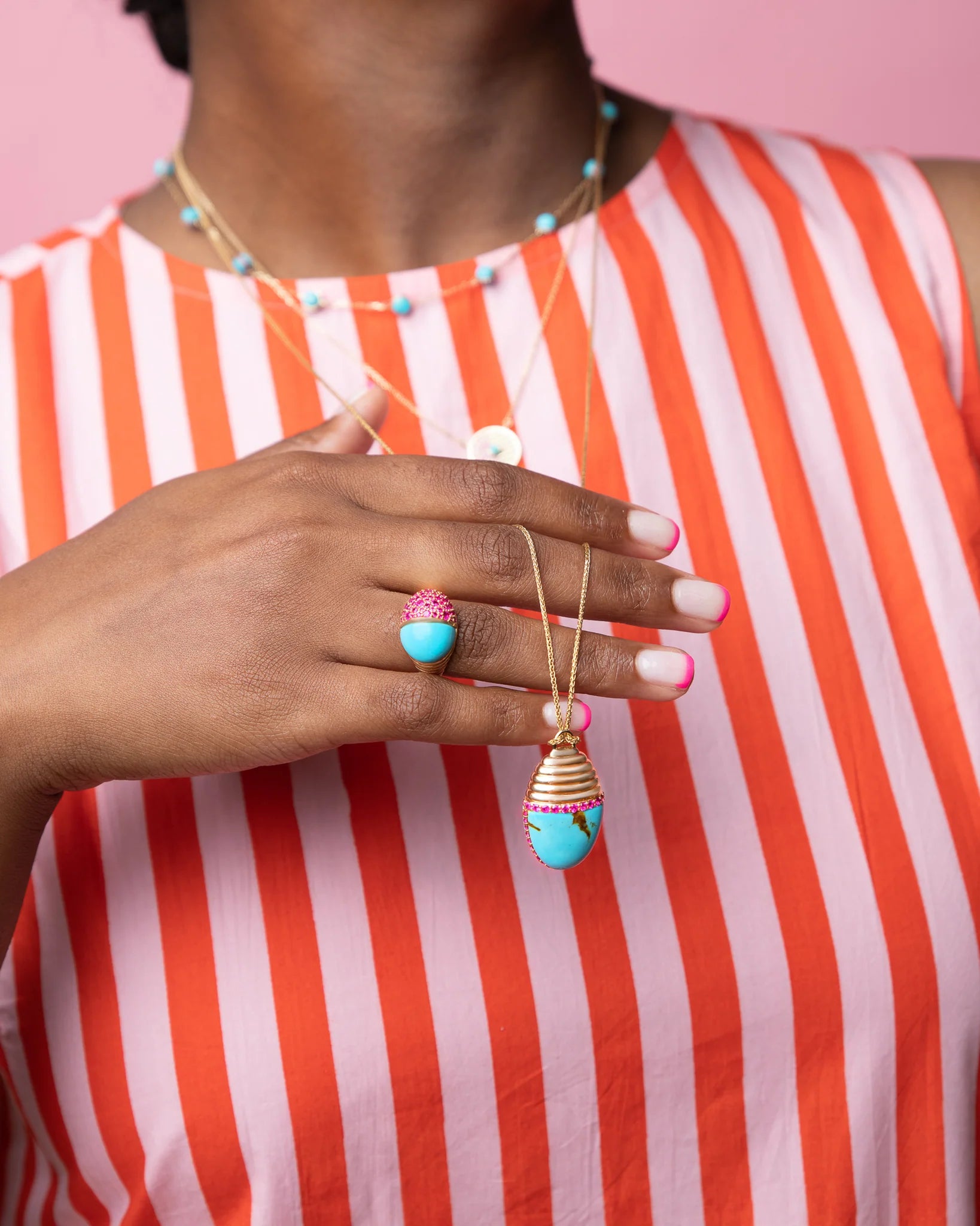 Pink Sapphire & Turquoise 14k Gold Found Cap Ring