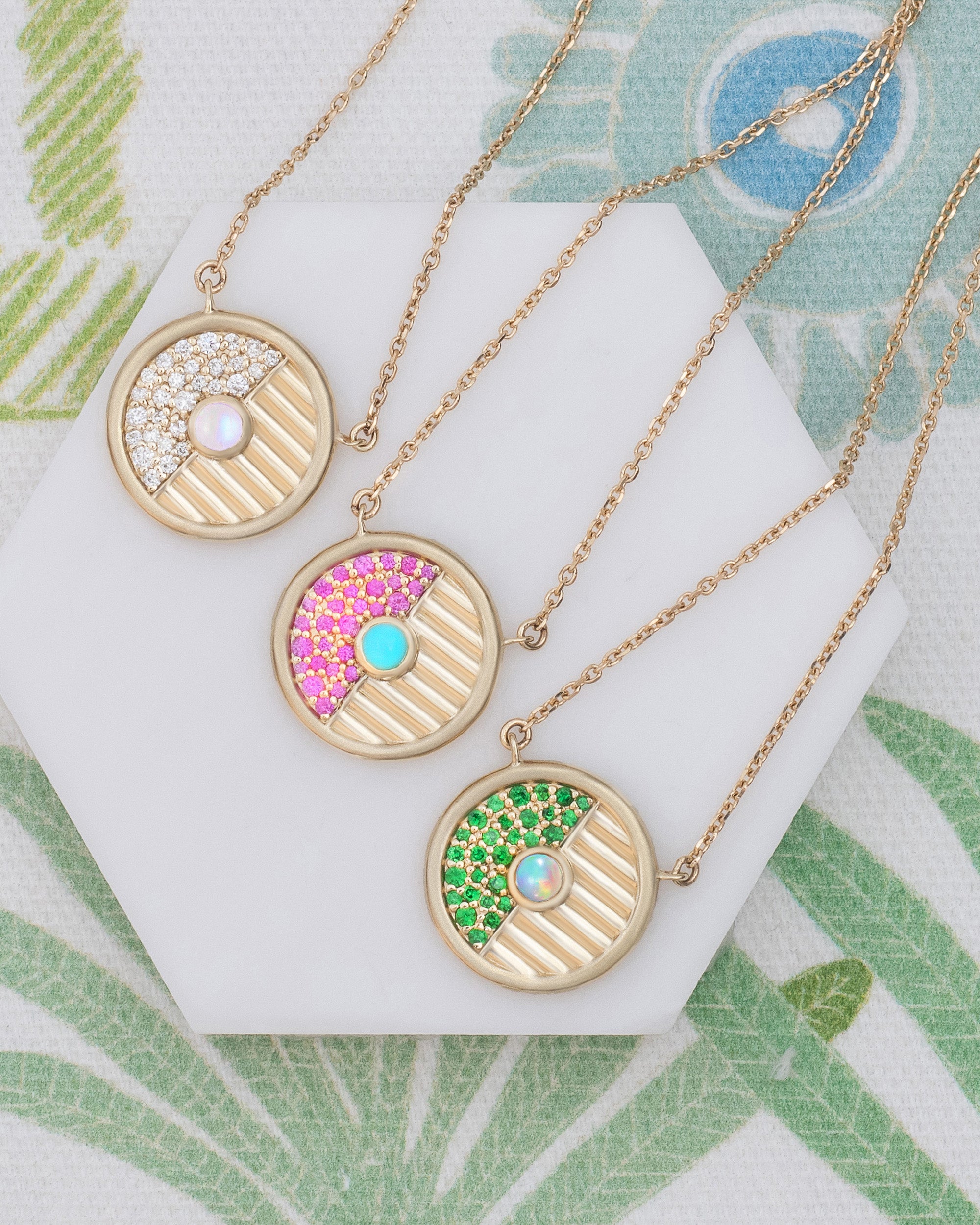 Tsavorite & Opal Small Found Ribbed Pendant Necklace