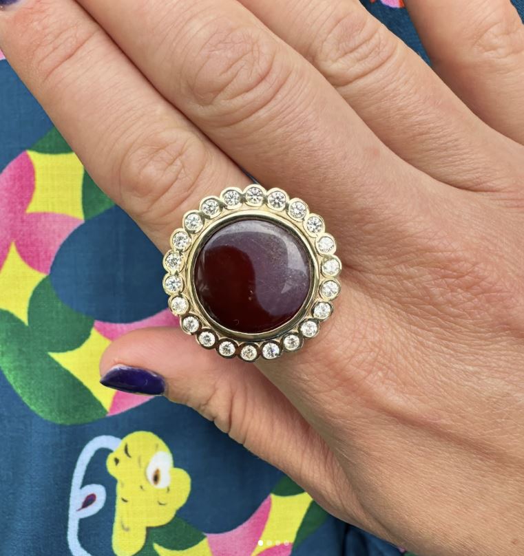 Yin Yang Agate & Diamond 14k Gold Oval Ring
