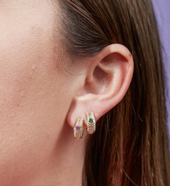 Tsavorite & 14k Gold Revel Ribbed Hoop Earrings
