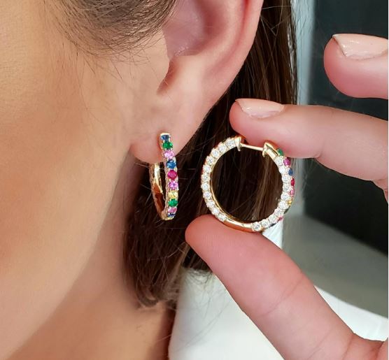 Multicolor Sapphire & Diamond Three-Sided Hoop Earrings