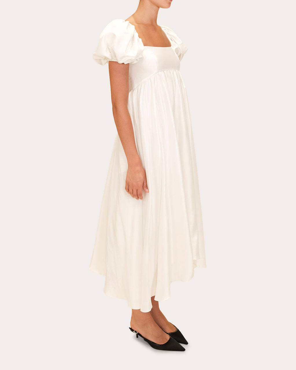 Rory Raw Silk Puff-Sleeve Midi Dress