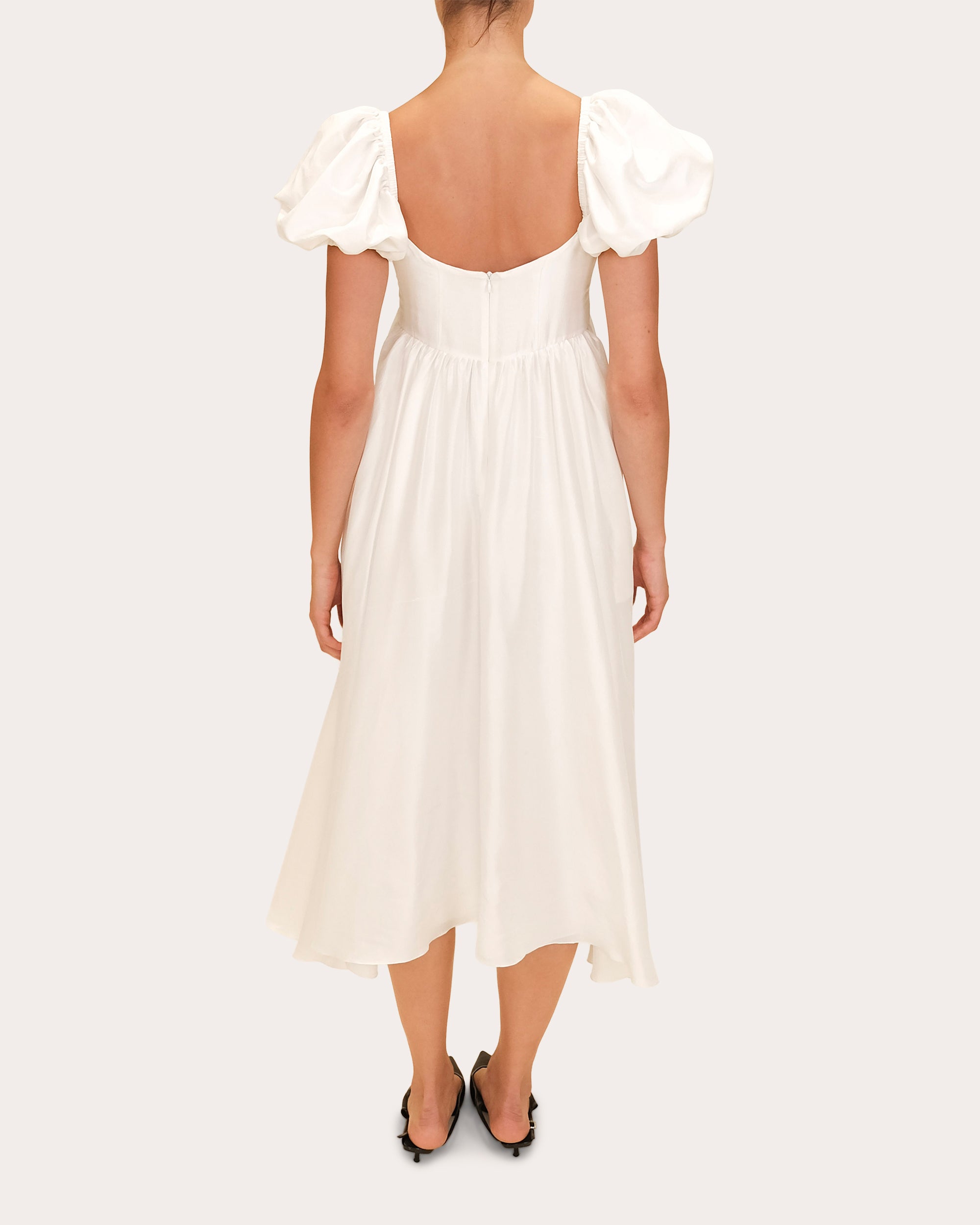 Rory Raw Silk Puff-Sleeve Midi Dress