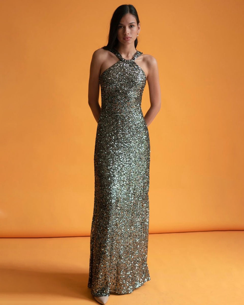 Calixta Sequin High-Neck Gown