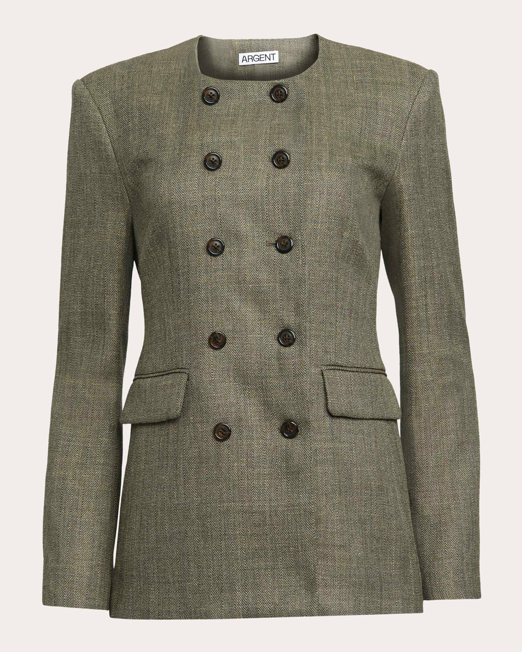 Herringbone Wool Double-Breasted Crewneck Blazer