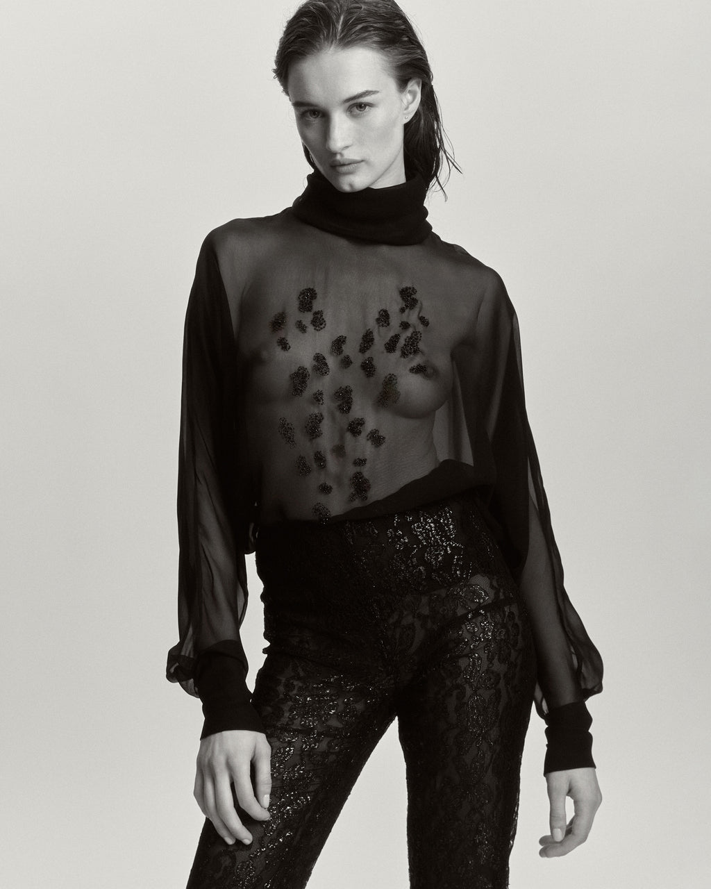 Dusk Sheer Silk Embroidered Mock Neck Top