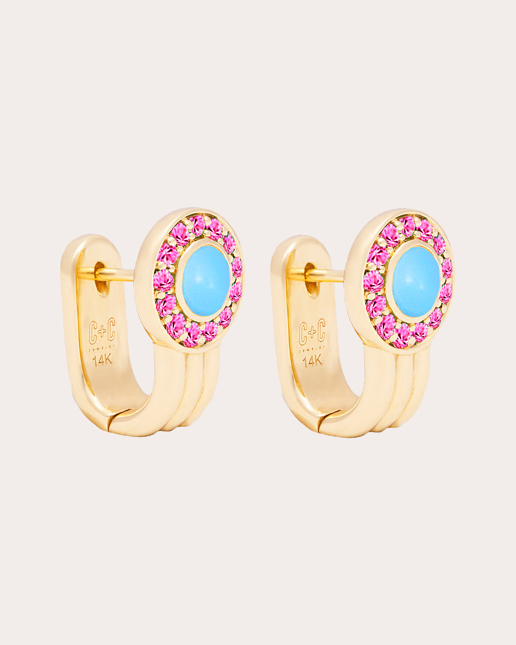 Pink Sapphire & Turquoise Found Hoop Earrings