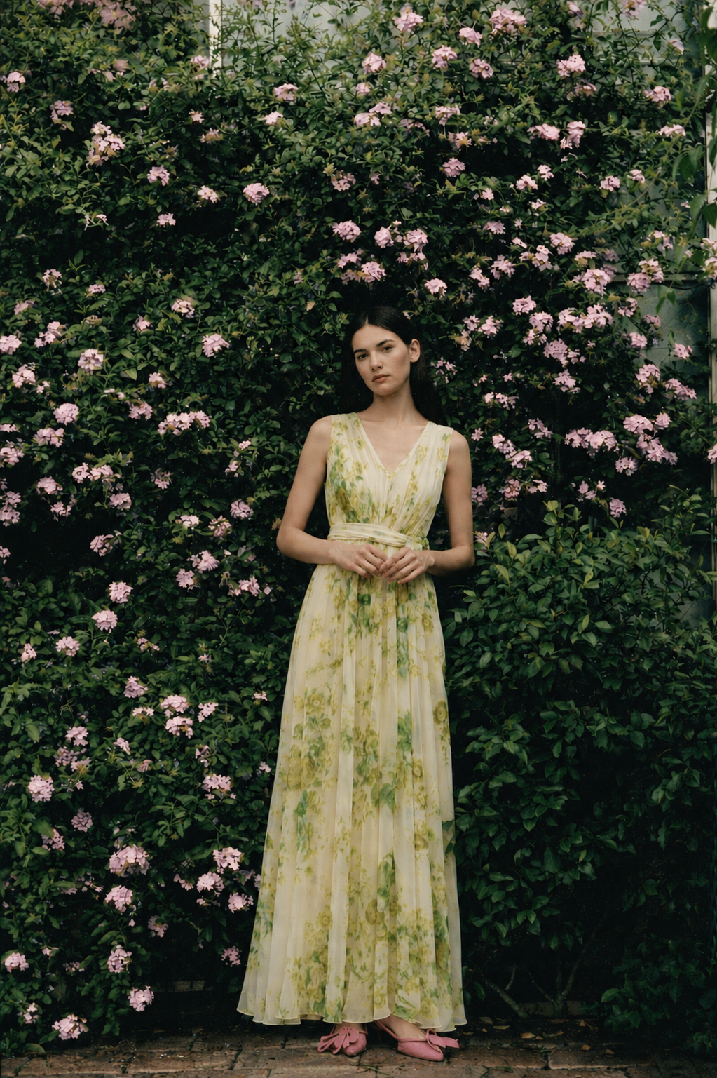 Floral Silk Creponne Pleated Sleeveless Gown