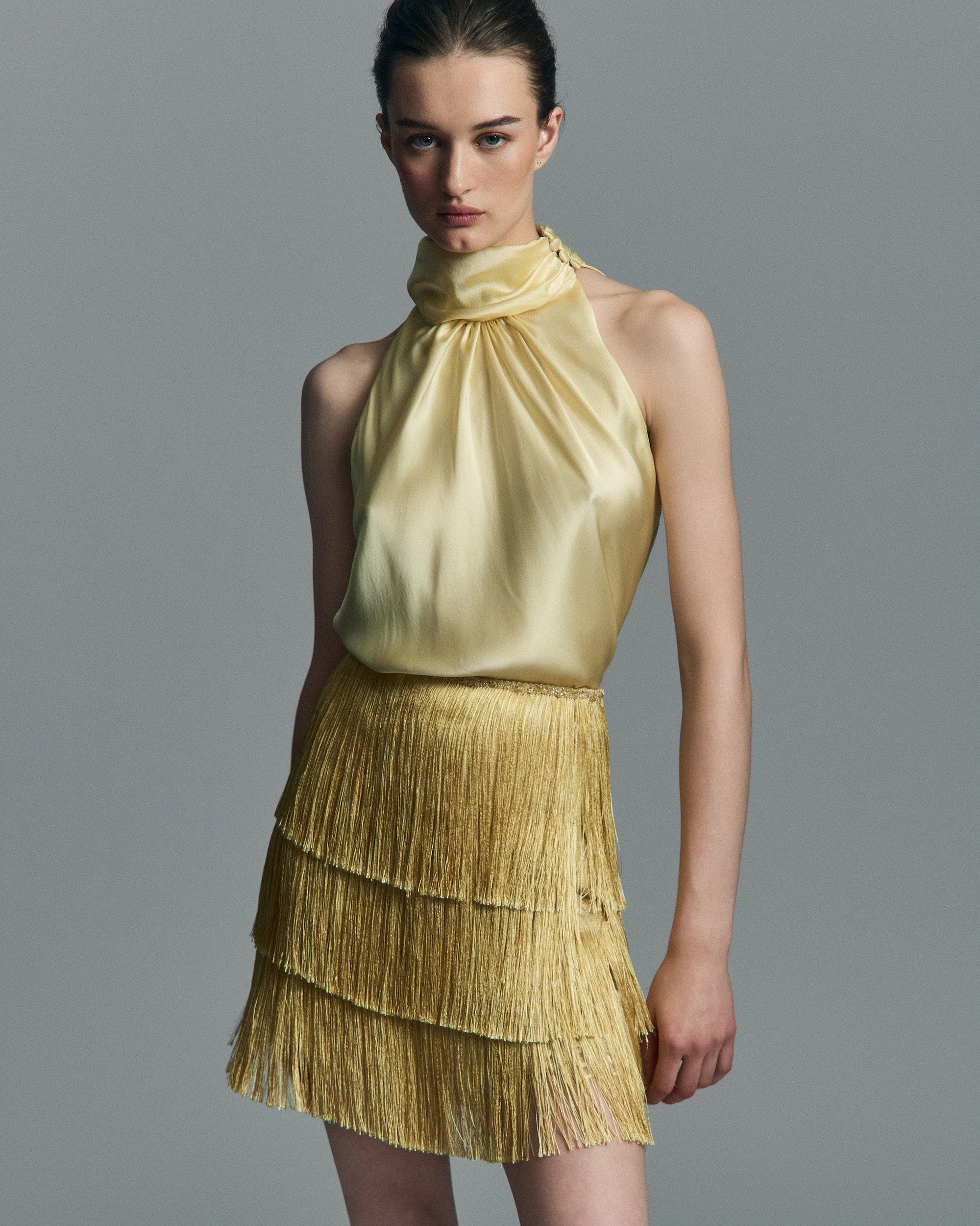 Sunlight Silk Fringe Tiered Mini Skirt