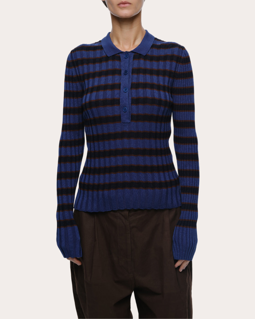 Silvia Stripe Ribbed Cotton Polo Sweater