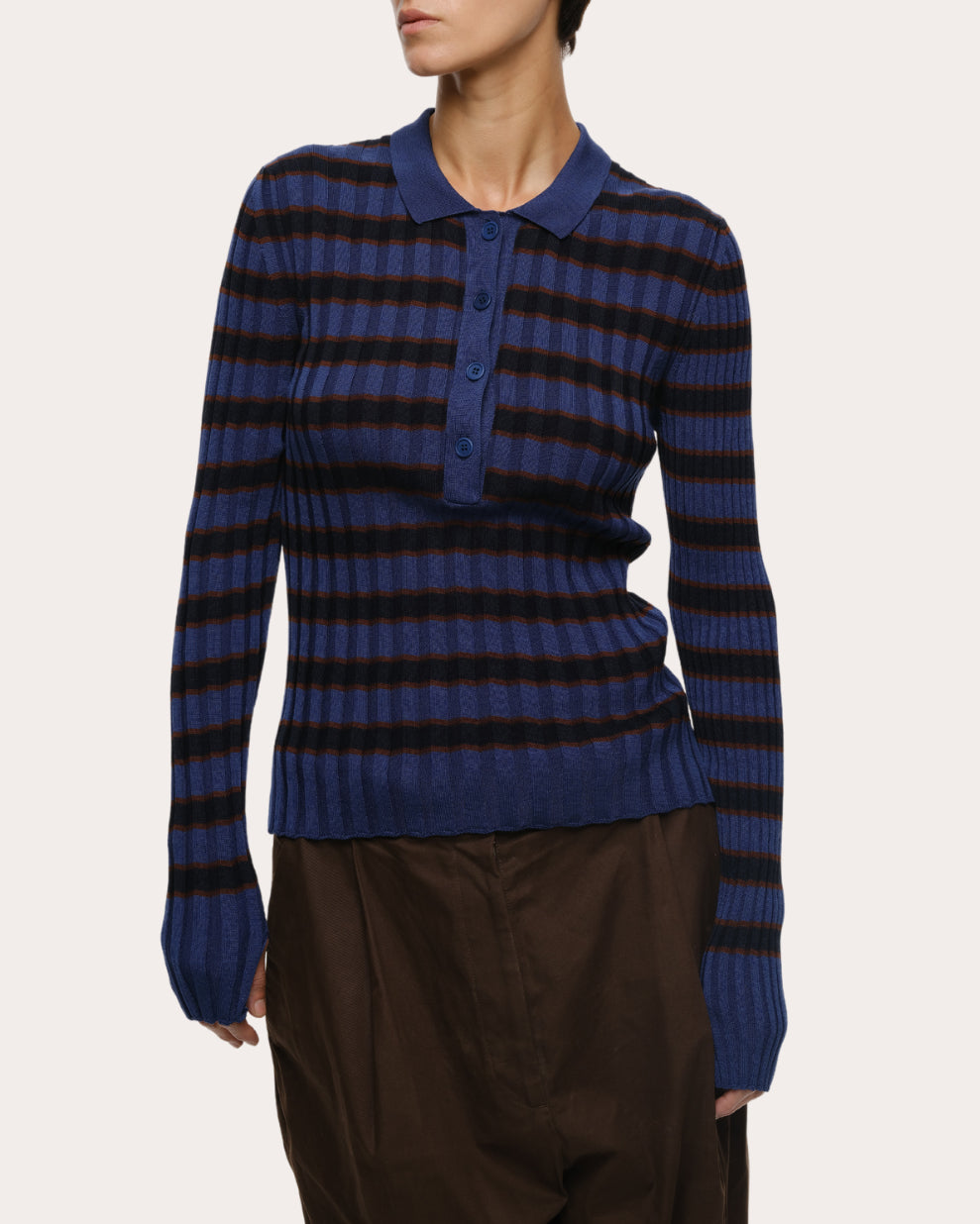 Silvia Stripe Ribbed Cotton Polo Sweater