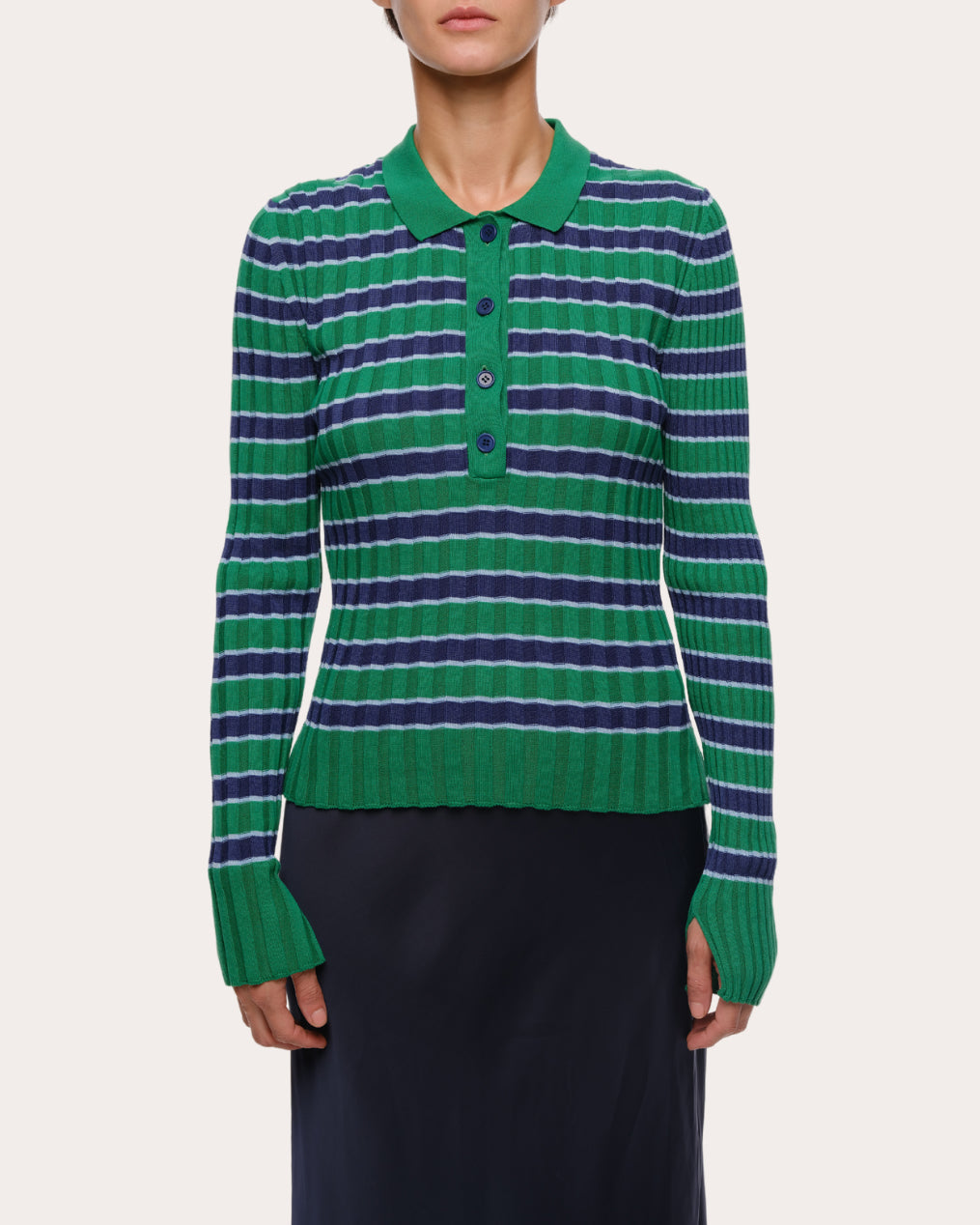 Silvia Stripe Ribbed Cotton Polo Sweater