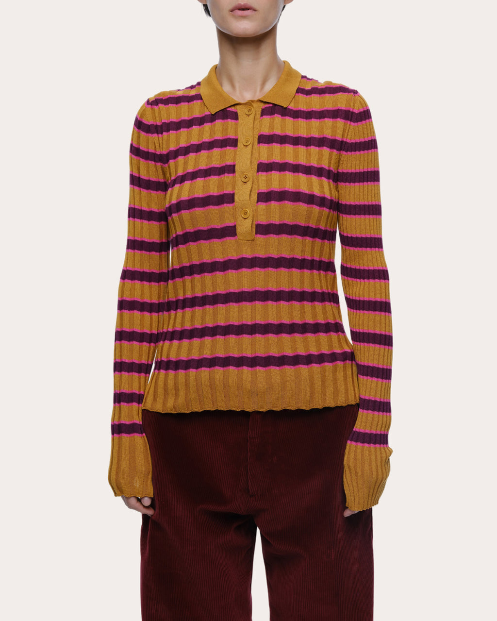 Silvia Stripe Ribbed Cotton Polo Sweater
