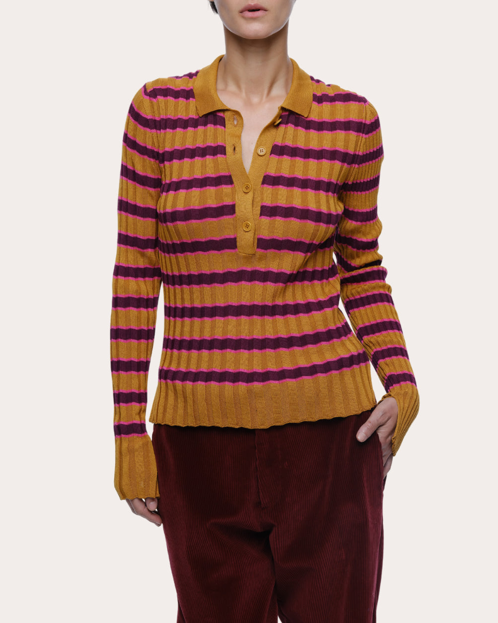 Silvia Stripe Ribbed Cotton Polo Sweater