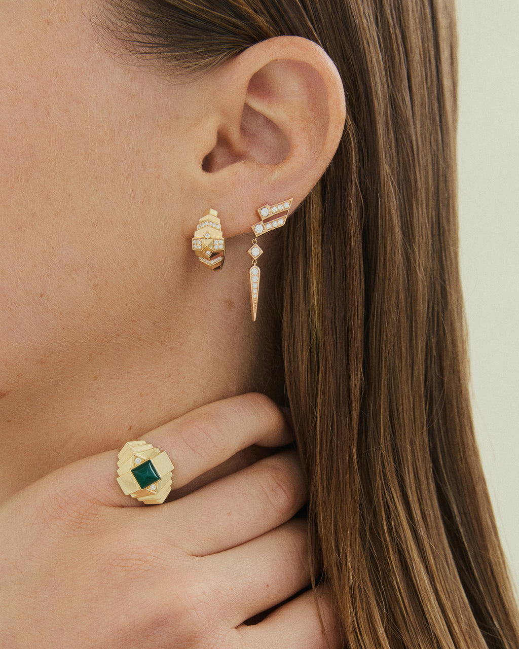 Diamond & Green Agate Rockaway Mini Pyramid Ring