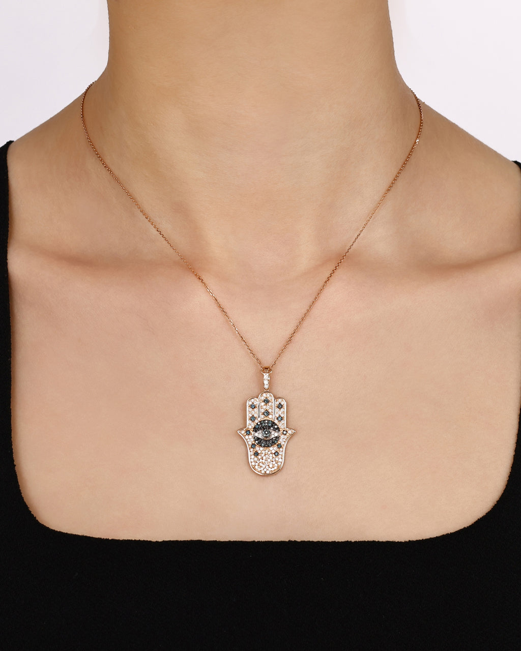 Blue & Black Diamond Hamsa Pendant Necklace