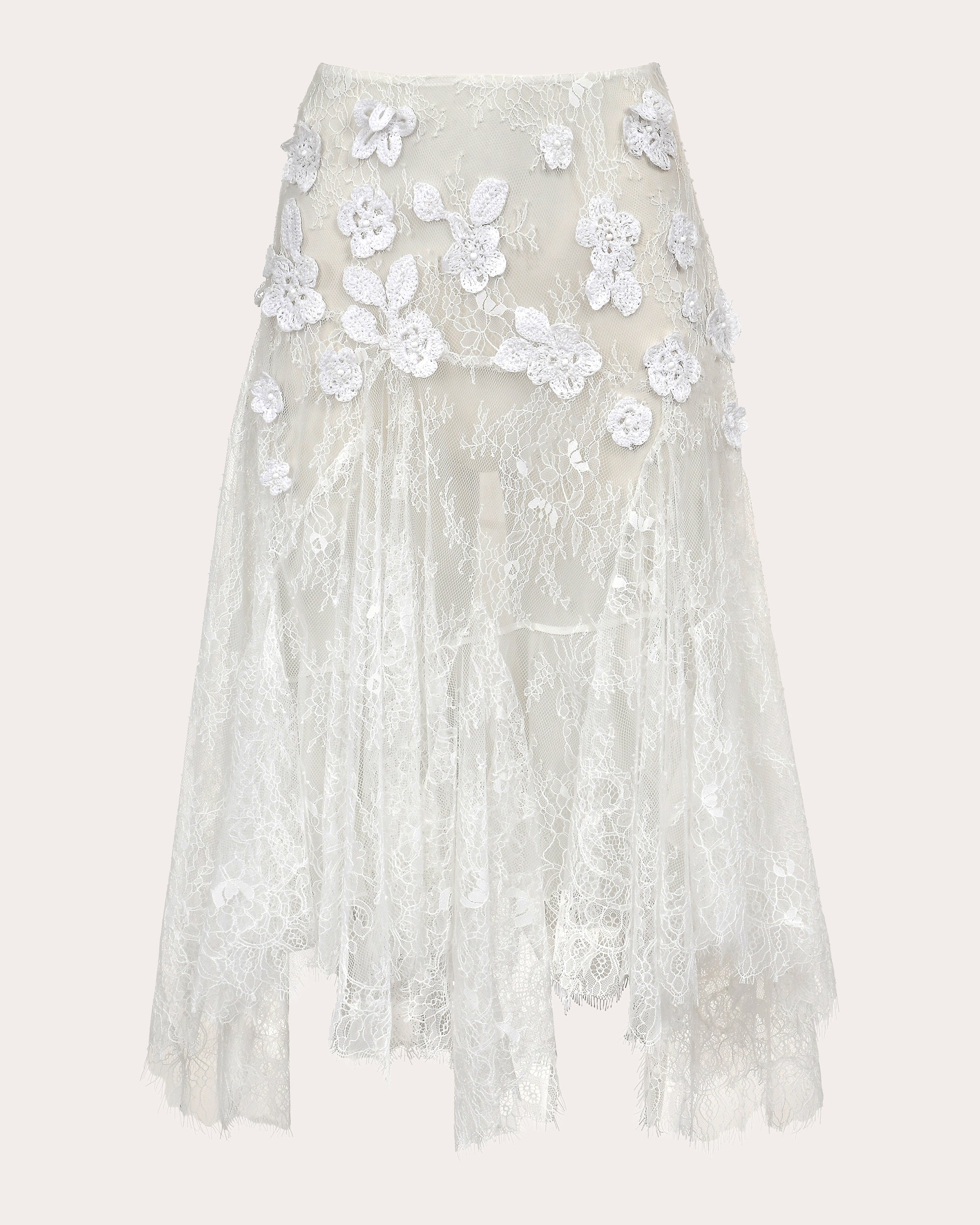 Flor Appliqué Sheer Lace Midi Skirt