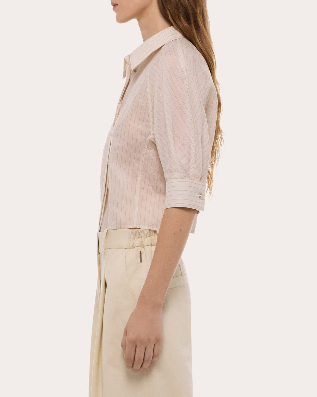 Sheer Stripe Articulated Crop Button-Up