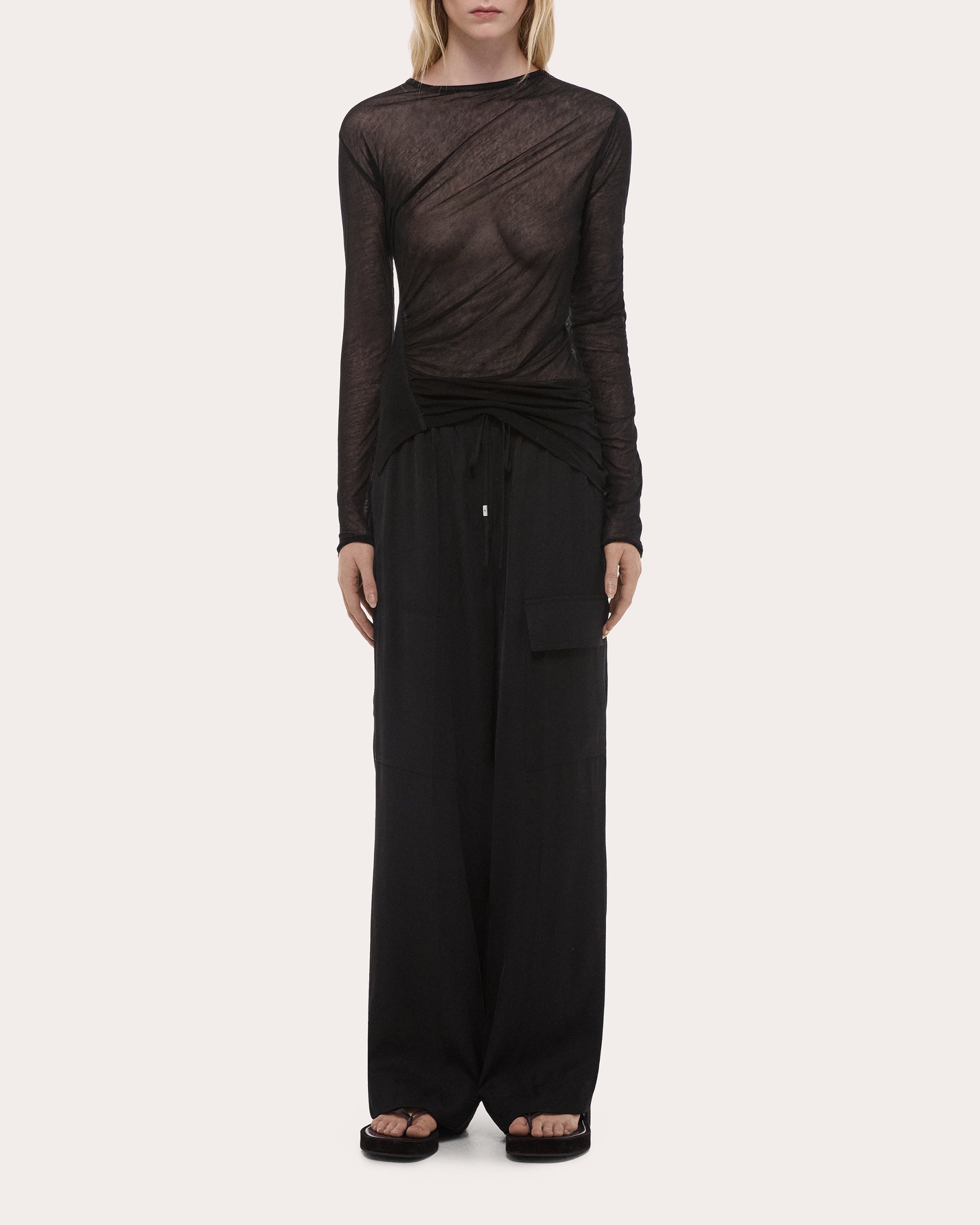 Sheer Jersey Ruched Asymmetric Wind Top