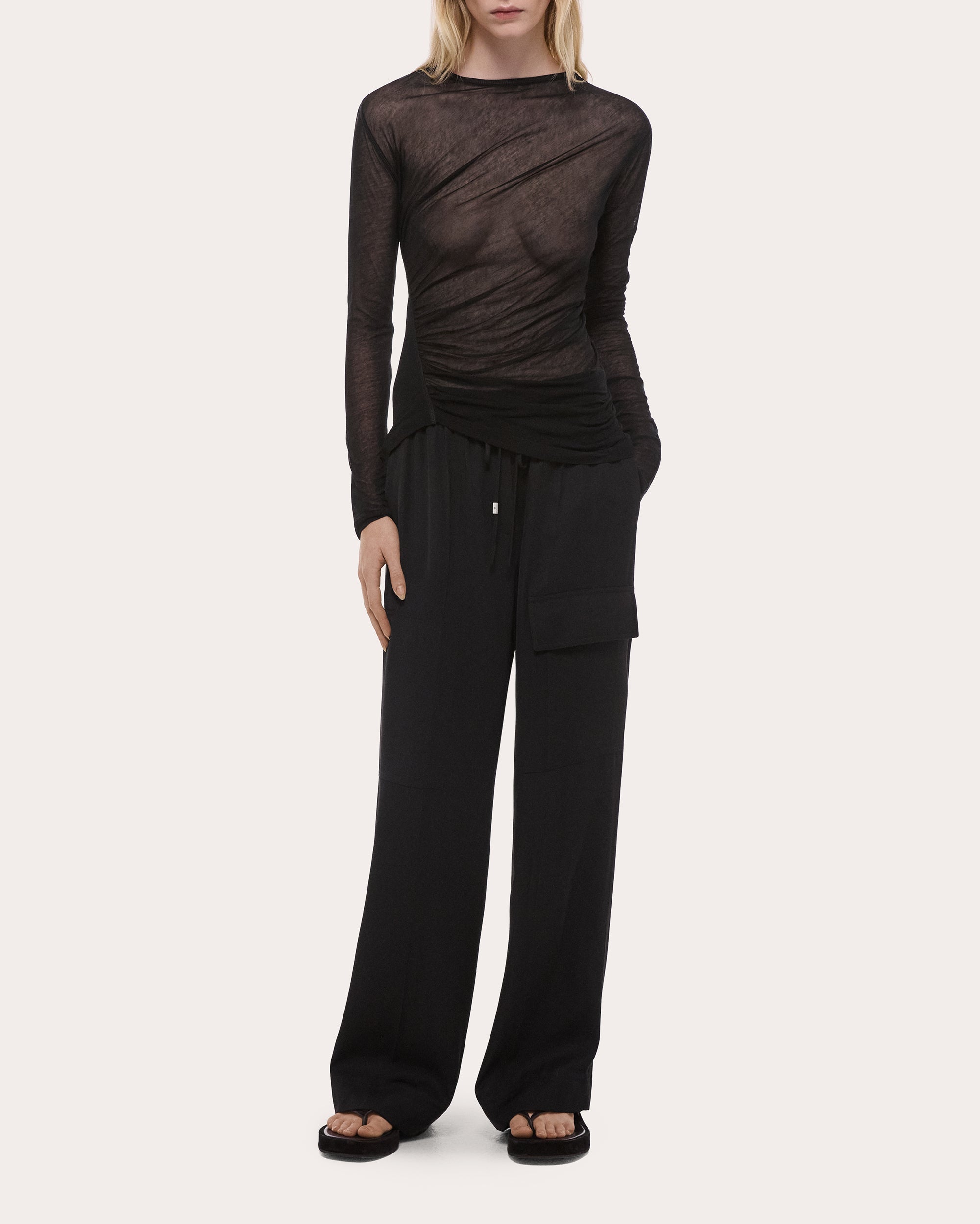 Sheer Jersey Ruched Asymmetric Wind Top