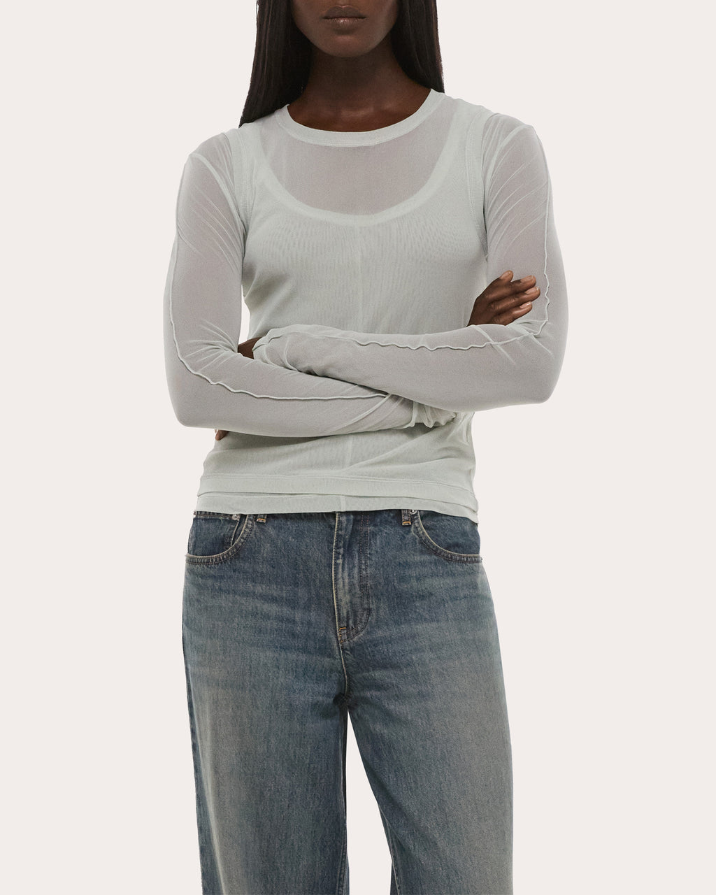 Sheer Mesh Layered Long-Sleeve Tee