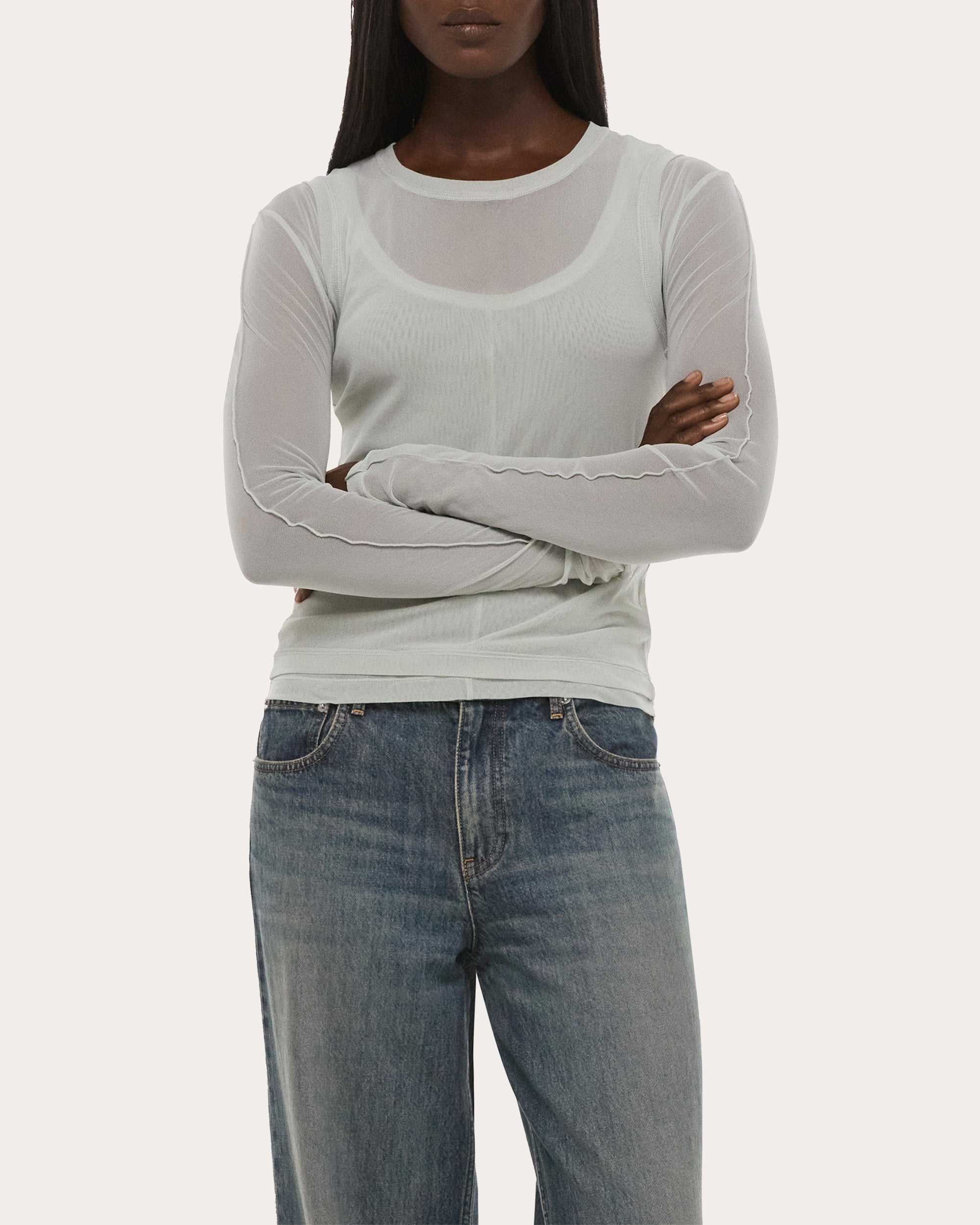 Sheer Mesh Layered Long-Sleeve Tee