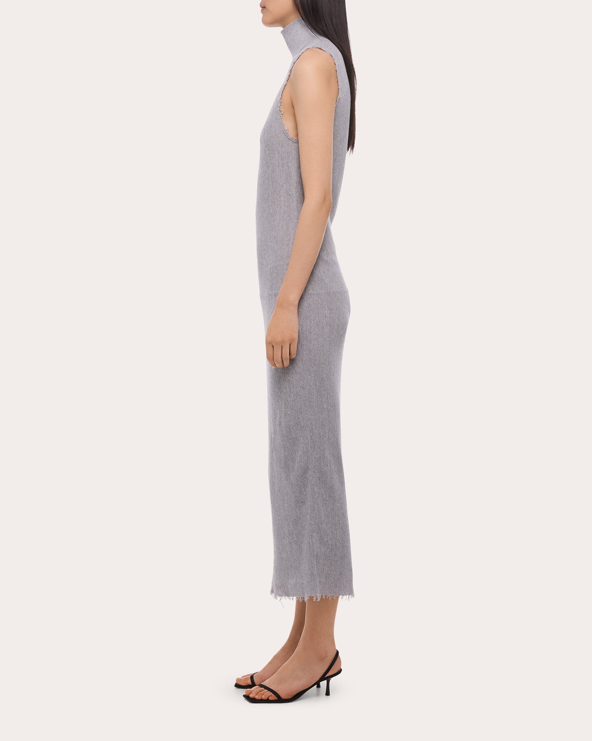 Sheer Raw-Edge Mock Neck Tank Dress