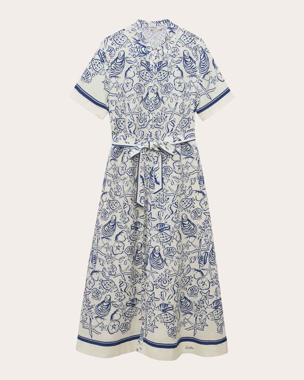 Audria Seashell Linen Belted Midi Shirt Dress