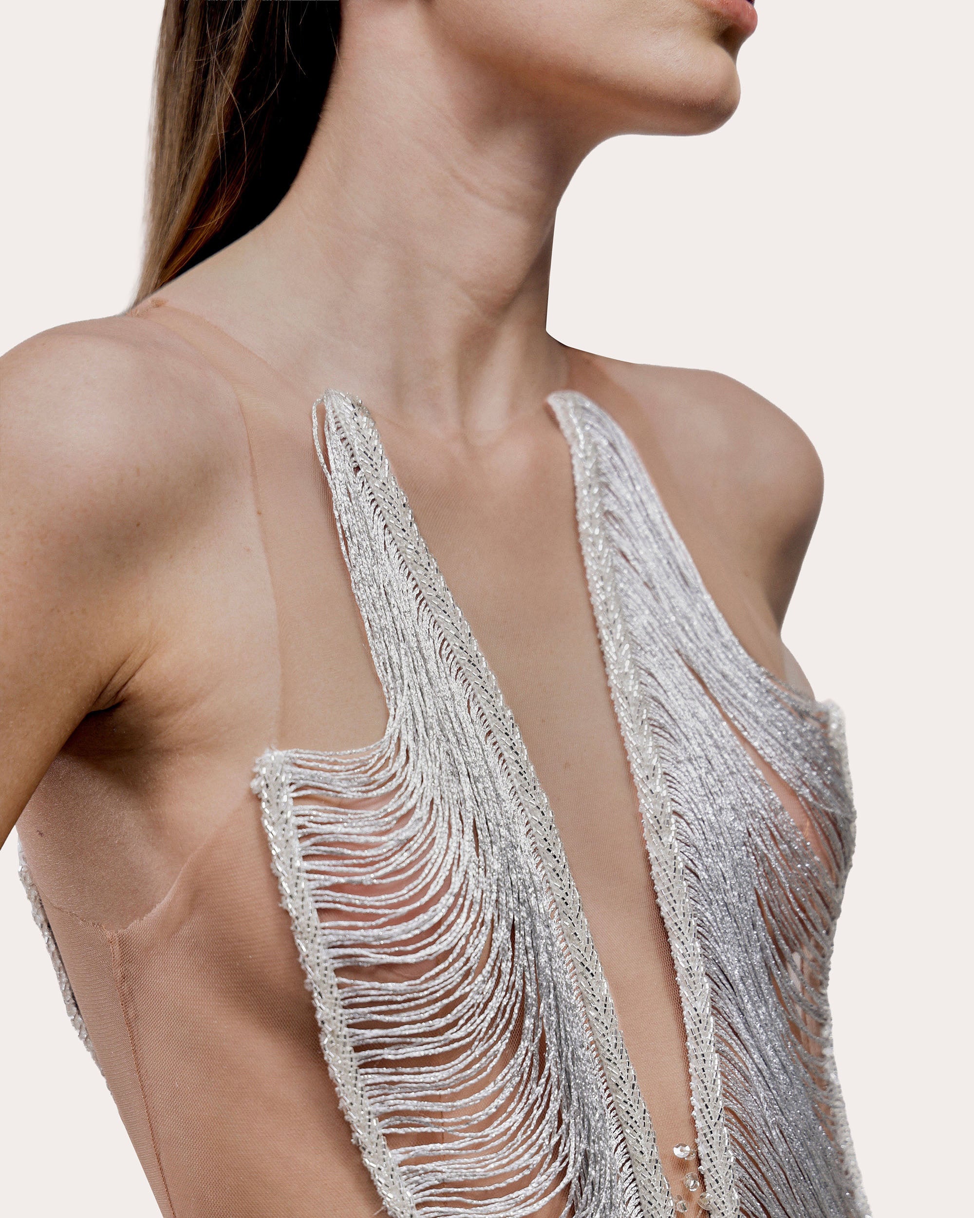 Zira Illusion Tulle Embellished Fringe Gown